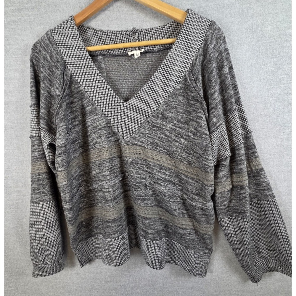 POL Sweater M Gray Oversized Knit Pullover Textured V Neck Boho Retro Y2K Preppy